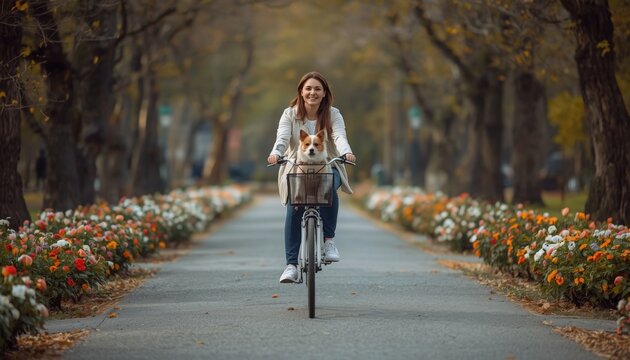 There is a woman that is riding a bike down the street