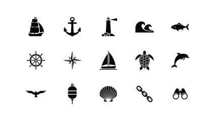 Nautical symbols and marine life vector icons for ocean adventures. © Sourav Bairagi