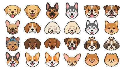 Fototapeta premium Cute Dog Faces Collection: Diverse Breeds, Cartoon Style