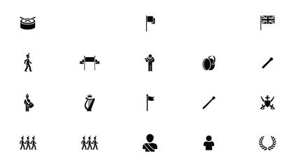Obraz premium Parade marching icons set featuring drummers flags instruments soldiers and performance art.