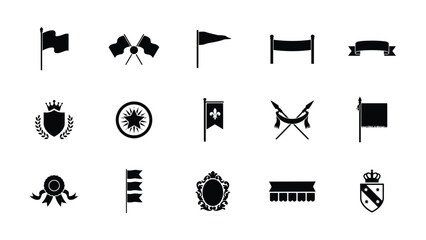 Fototapeta premium Set of monochrome vector icons featuring heraldic flags banners crests and ceremonial items.