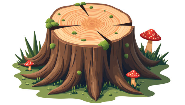 Weathered Old Tree Stump with Moss and Deep Cracks Flat Vector Illustration