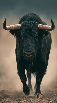 Massive Spanish toro bravo gazes intently amidst dusty surroundings
