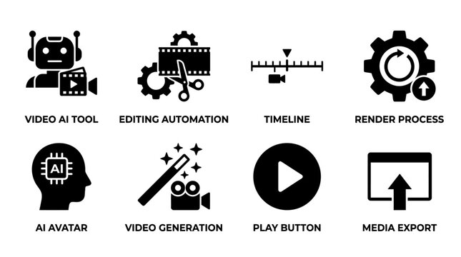 AI video production icons set vector illustration, editing automation, timeline, render process, media export, play button, video generation, and artificial intelligence avatar design concepts vector