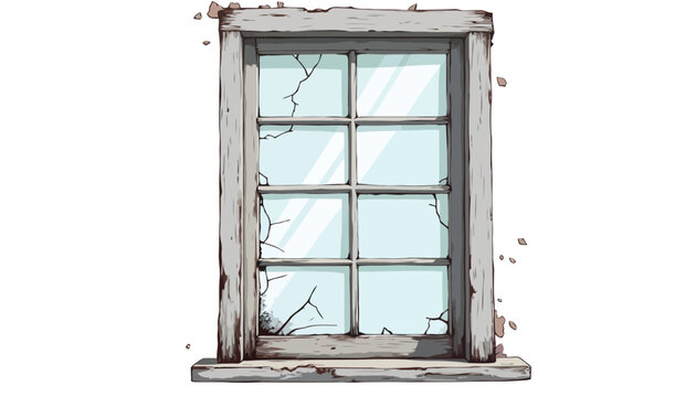 Weathered Old Wooden Window Frame Cracked Glass Peeling Paint Flat Vector