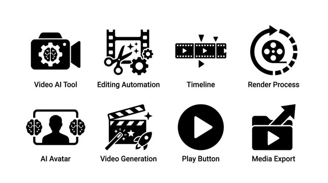 AI video production icons set vector illustration, editing automation, timeline, render process, media export, play button, video generation, and artificial intelligence avatar design concepts vector