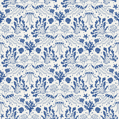Blue and white marine seamless pattern with jellyfish and corals, Mediterranean style ocean life background, elegant nautical toile de jouy design for wallpaper and fabric © Ulyana