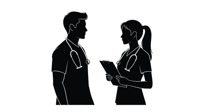 Two doctors discussing patient notes black silhouette against a white background silhouette