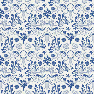 Blue and white marine seamless pattern with jellyfish and corals, Mediterranean style ocean life background, elegant nautical toile de jouy design for wallpaper and fabric