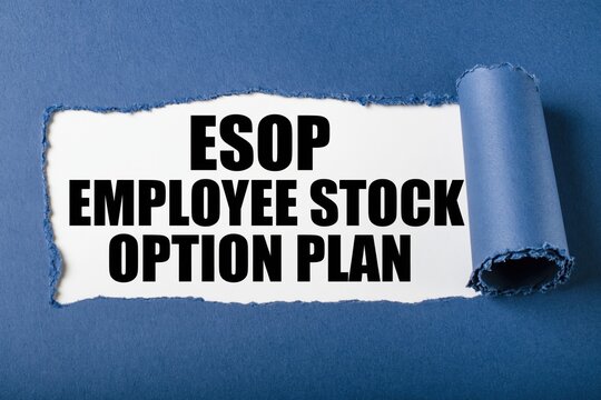 ESOP employee stock option plan text under torn dark blue paper