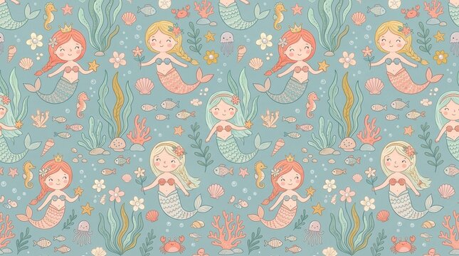 Young mermaids swim with starfish, coral, fish, and crabs on a soft blue ocean floor
