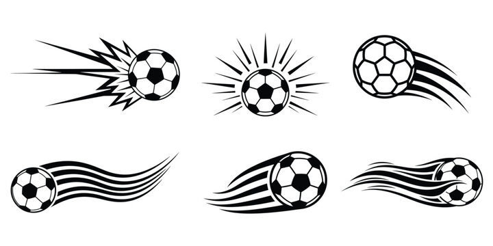 Soccer ball bounce motion line set. Hand drawn football movement. Soccer ball football icon with goal. Soccer ball flying with speed motion lines vector icon set.