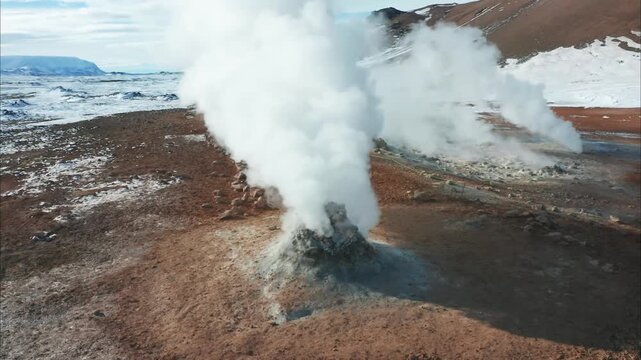 Cinematic Shot of Geothermal Geyser Steam Vent in Iceand field