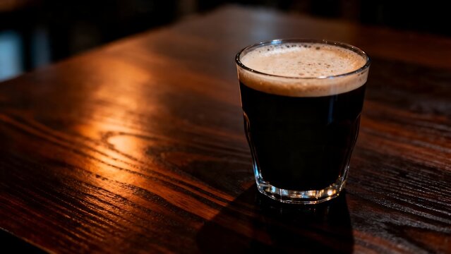 A chilled glass of dark stout beer with a creamy foam head resting on a rustic dark wooden table