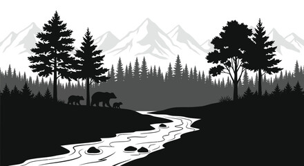 Forest scene with bears and stream in black silhouette trees bear cub © GDSafayet03
