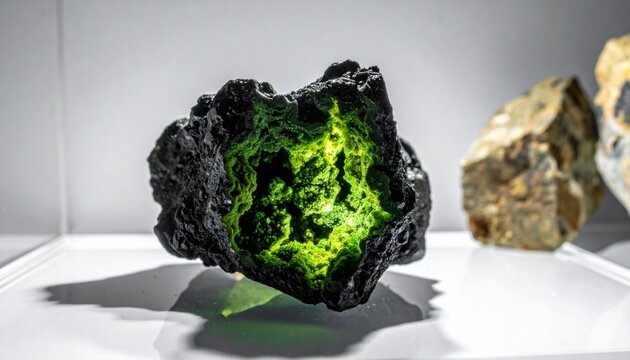 Rough greenish black uranium ore specimen exhibiting subtle natural luminescence