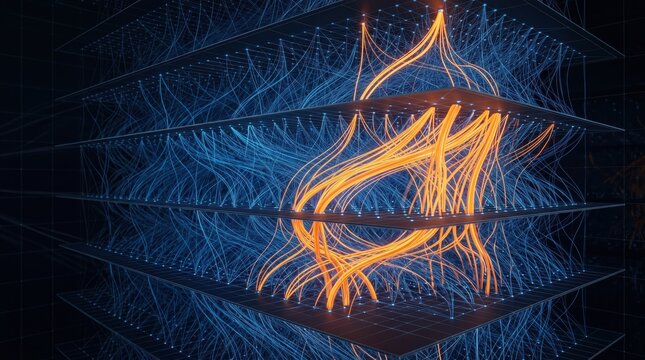 Data architecture nodes connect through glowing fiber optic pathways within a digital server rack.