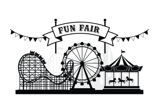 Black silhouette of a funfair with a Ferris wheel, rollercoaster, and merry-go-round at night