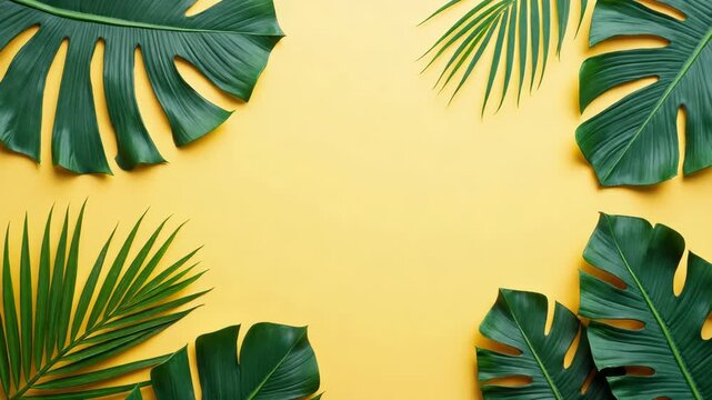 Fresh tropical palm and monstera leaves frame a vibrant yellow background, creating a modern, minimalistic summer composition ideal for advertising, invitations, or graphic design projects.