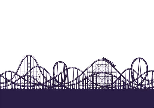 Dark purple roller coaster track on white background with thrilling loops and curves