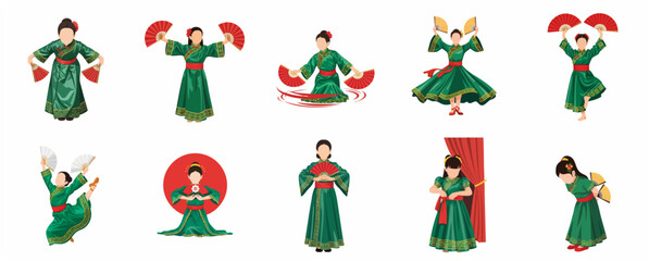 Fototapeta premium Set of Illustrations of a Young Girl Performing Traditional Chinese Fan Dance in Green Hanfu Dress
