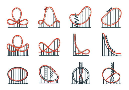Collection of various roller coaster track designs and layouts in red and black