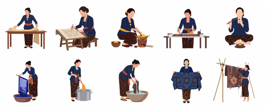 Set of traditional Indonesian batik making process illustrations featuring Javanese women in kebaya