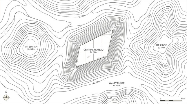 Topographic Map Vector Illustration with Labeled Mountain Peaks Central Plateau Valley Floor Contour Lines Compass Scale Bar and Geographical Survey Navigation Features