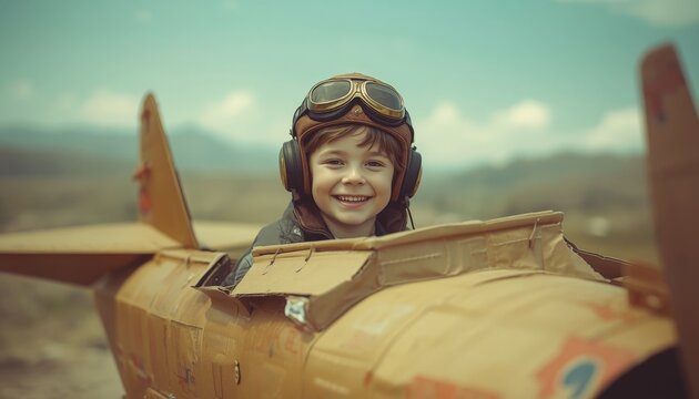 There is a young boy that is sitting inside of a small plane
