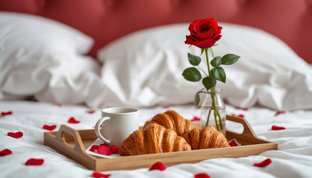 There is a tray with croissants, a cup of coffee and a rose on the bed