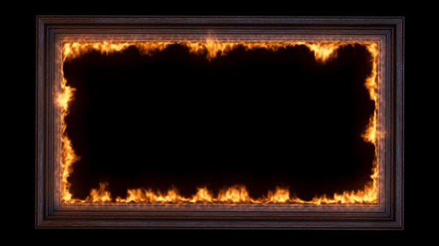 Static shot of wooden picture frame with flames burning around border on black background in studio