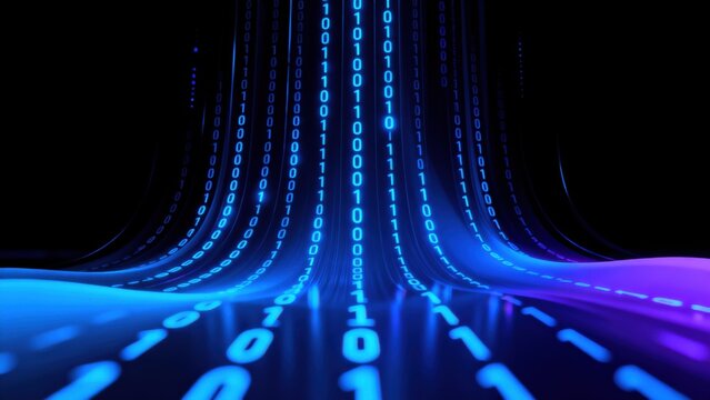 Digital binary code flow on dark background