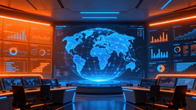 Futuristic control room with global network display