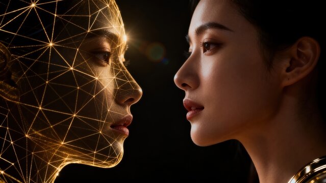 Human face and digital geometric pattern
