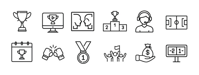 Fototapeta premium Sports broadcasting outline icons set tournament commentator monitor stadium podium medal live stream channel event victory award & more vector illustration with editable stroke.