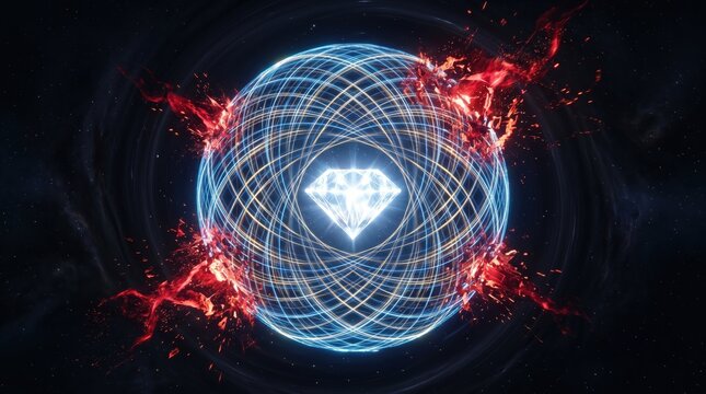 Diamond gemstone floats inside a pulsating blue mesh sphere with explosive red energy flares in deep space.