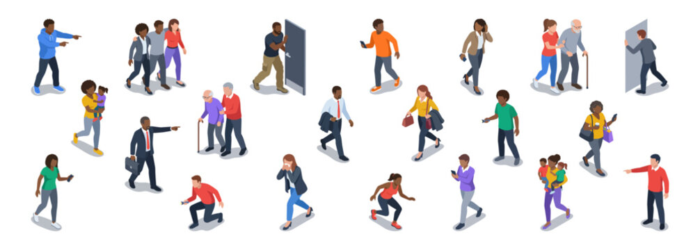 Emergency evacuation of diverse people escaping danger in modern office | Business crowd running to exits | Isometric vector illustration