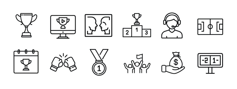 Sports broadcasting outline icons set tournament commentator monitor stadium podium medal live stream channel event victory award & more vector illustration with editable stroke.