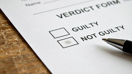 Fototapeta premium Legal Verdict Form on Desk with Guilty Not Guilty Boxes and Black Ink Pen Close up