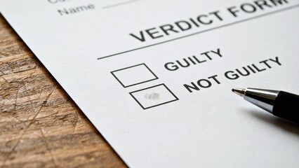 Obraz premium Legal Verdict Form on Desk with Guilty Not Guilty Boxes and Black Ink Pen Close up