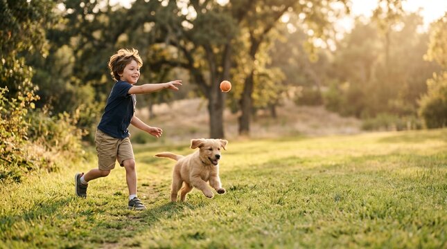 Young boy throwing ball for playful golden retriever puppy in sunny park