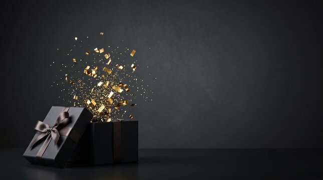 Black gift box with gold confetti exploding out on dark background
