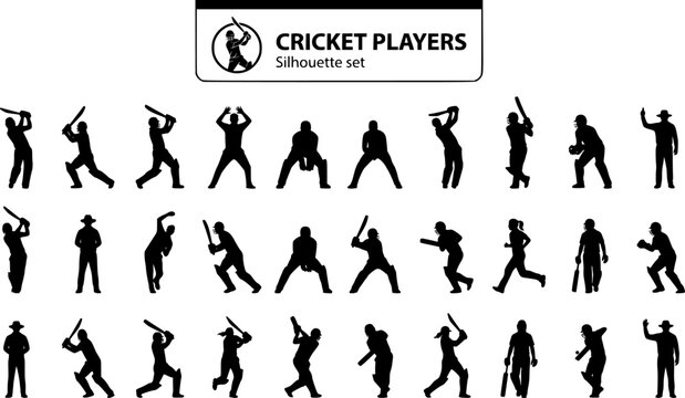 Cricket Player Silhouette Set Black White Sport Bundle Vector Illustration Isolated White Background