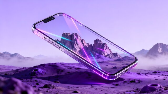Futuristic phone on alien landscape