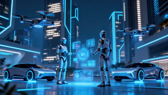 Futuristic robots in city with drones and cars