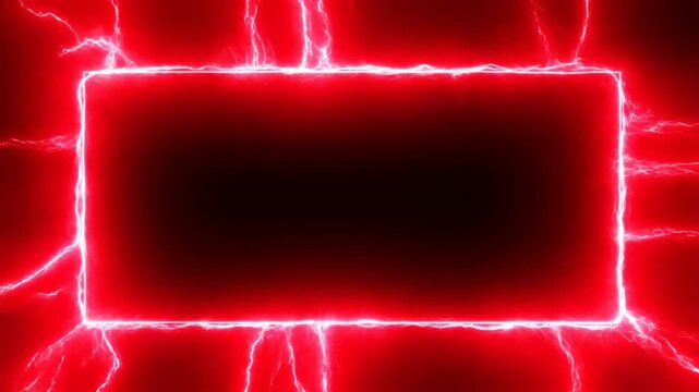 Static shot of glowing red rectangular electric frame pulsing with crackling neon lightning arcs on dark background in studio vignette slow subtle motion