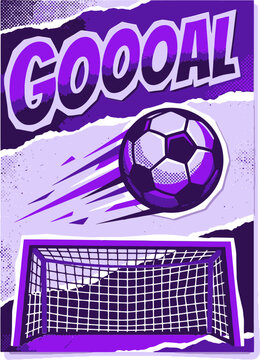 Dynamic soccer goal poster vector, purple comic style football illustration, sports tournament flyer with ball and net, energetic goal celebration