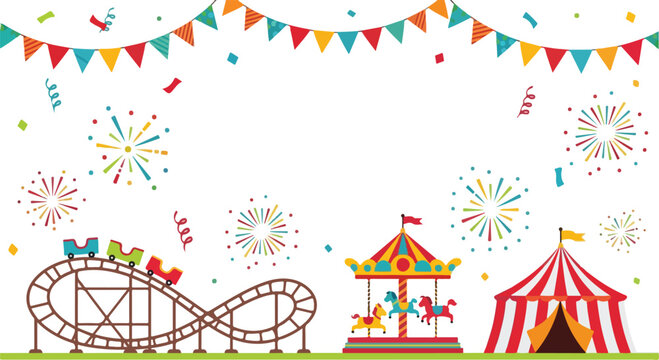 Colorful carnival scene with carousel, roller coaster, and festive tent at a funfair