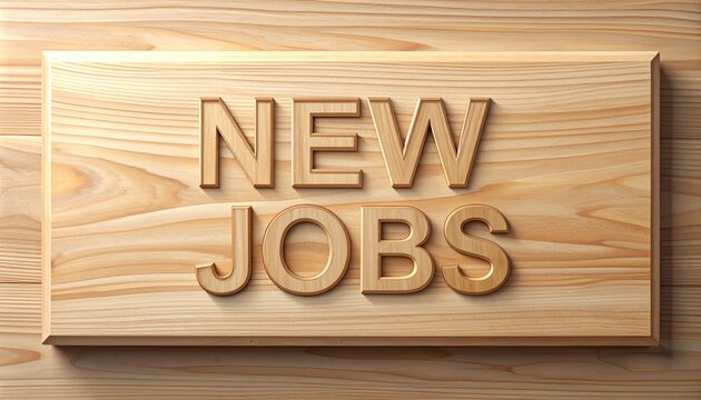 New Jobs Text Carved in Wooden Signboard Panel Background Representing Employment Opportunities Career Hiring and Business Recruitment