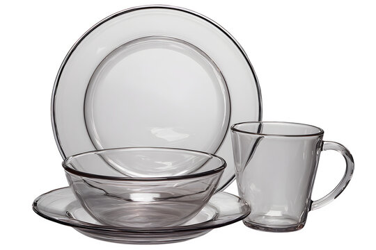 Clear glass dinnerware set with plates bowl and mug isolated on transparent background